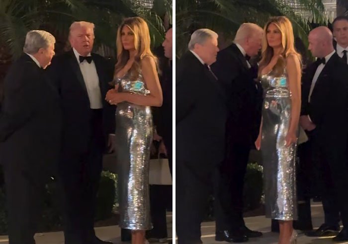 Melania Trump in a silver dress displaying body language at Mar-a-Lago New Year's Eve event with guests in tuxedos.