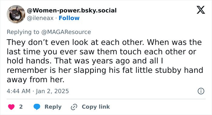 Tweet discussing Melania Trump's body language, noting lack of physical contact and prompting public theories about their interaction.