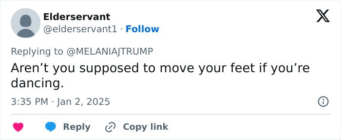 Screenshot of a tweet commenting on Melania Trump’s body language at Mar-a-Lago New Year’s Eve event.