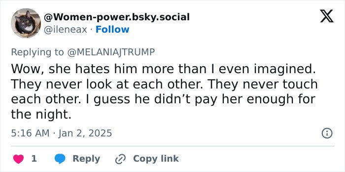Screenshot of a social media comment discussing Melania Trump's body language at Mar-a-Lago New Year's Eve event sparking theories.