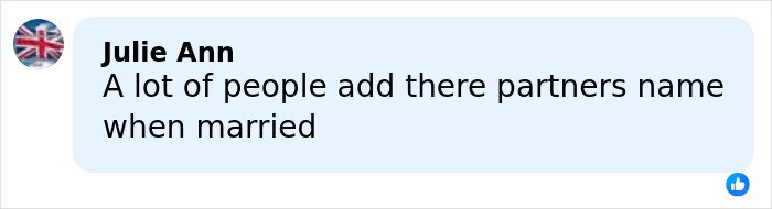 Comment by Julie Ann discussing people adding their partner's name after marriage on a social media post.