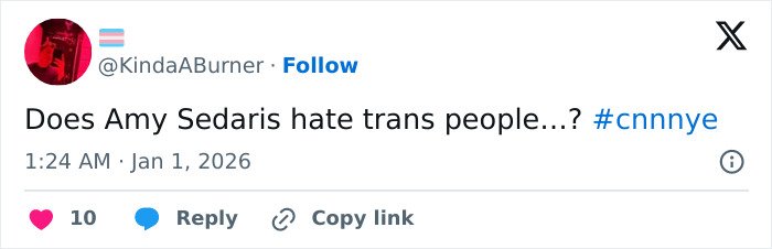 Screenshot of a tweet questioning Amy Sedaris&rsquo;s transphobic jab during CNN&rsquo;s New Year&rsquo;s Eve broadcast.