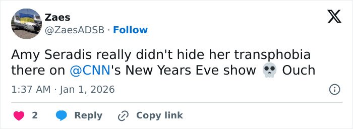 Tweet criticizing Amy Sedaris for a transphobic comment during CNN's New Year's Eve broadcast, sparking viewer backlash.