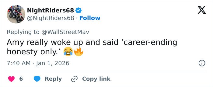 Tweet from NightRiders68 reacting to Amy Sedaris with a career-ending honesty comment during CNN's New Year's Eve broadcast.