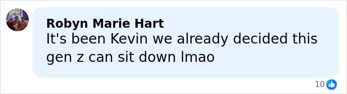 Comment by Robyn Marie Hart mentioning Kevin as the name Gen Z chose for the male Karen figure.