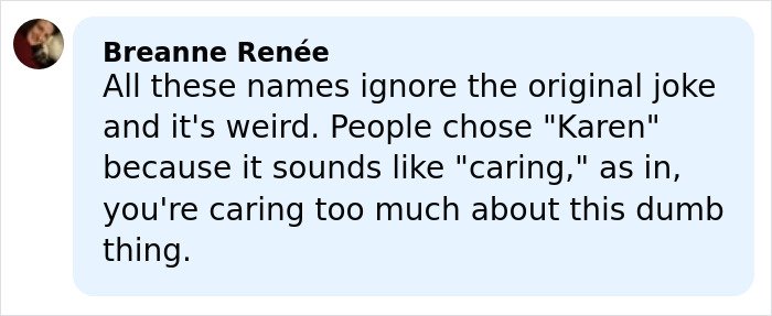 Comment from Breanne Ren&eacute;e discussing the origin of the male Karen name chosen by Gen Z for the meme.