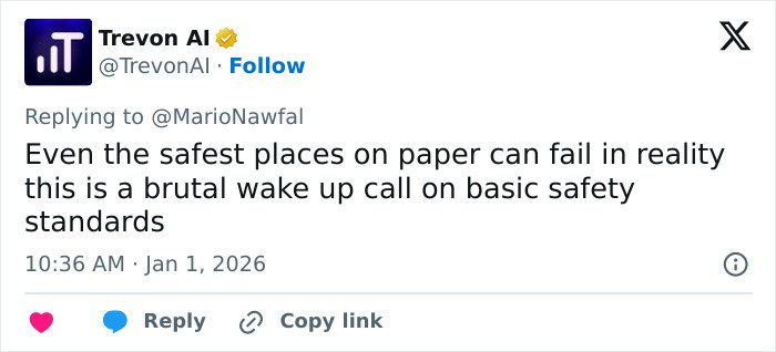 Tweet from user Trevon AI warning about basic safety standards after ski resort explosion survivors reveal cause of deadly incident.