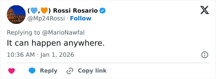 Tweet from user Rossi Rosario posted on Jan 1, 2026, commenting on the ski resort explosion survivors revealing the cause.