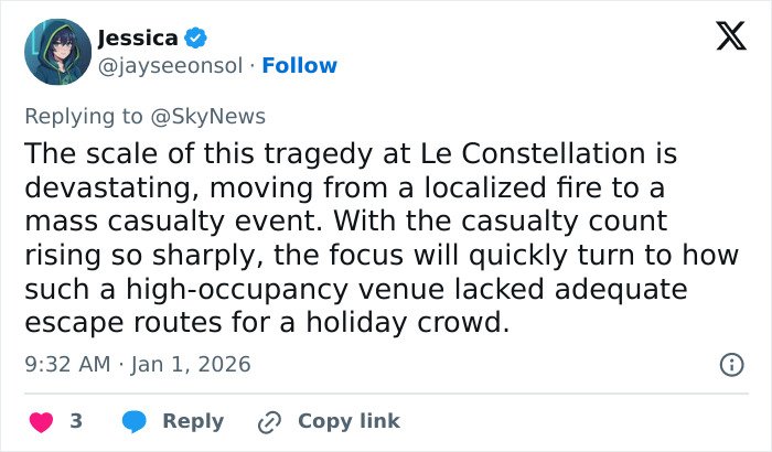 Tweet by Jessica discussing the devastating ski resort explosion and high casualty count at Le Constellation on New Year's.