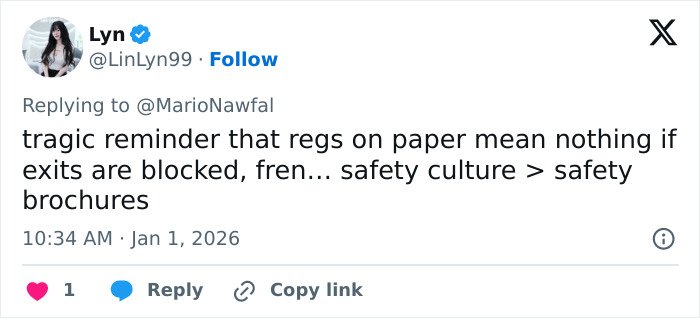 Twitter post highlighting the importance of safety culture in preventing ski resort explosion disasters.