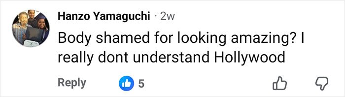 Comment by Hanzo Yamaguchi expressing confusion about body shaming and Hollywood, with 5 likes on social media.