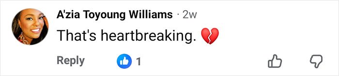 A social media comment by Nickelodeon star A’zia Toyoung Williams expressing heartbreak with a broken heart emoji.