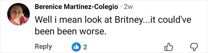 Facebook comment by Berenice Martinez-Colegio mentioning Britney Spears and expressing empathy in a casual tone.
