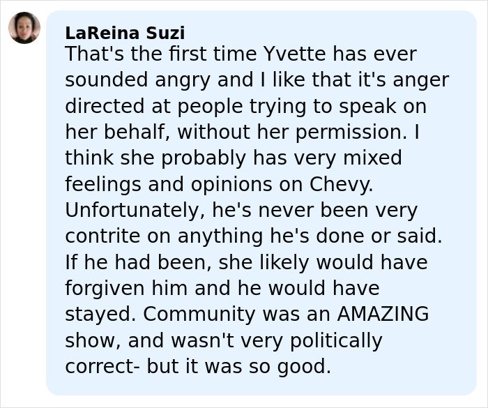 Comment discussing Chevy Chase's N-word scandal and Community actress breaking silence on new documentary.