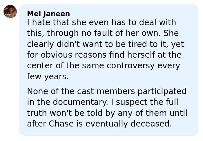 User comment discussing Chevy Chase's N-word scandal and 'Community' actress reacting to new documentary controversy.
