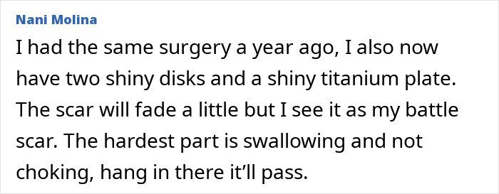 Comment from Nani Molina sharing personal experience with surgery, titanium plate, and recovery tips after hospital stay.