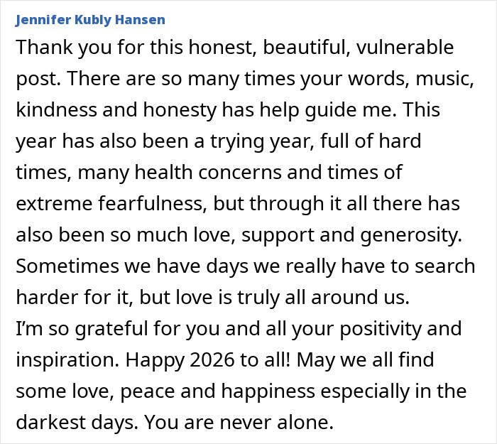 Comment expressing gratitude and support after Pink breaks silence about spending New Year’s Eve alone in hospital.