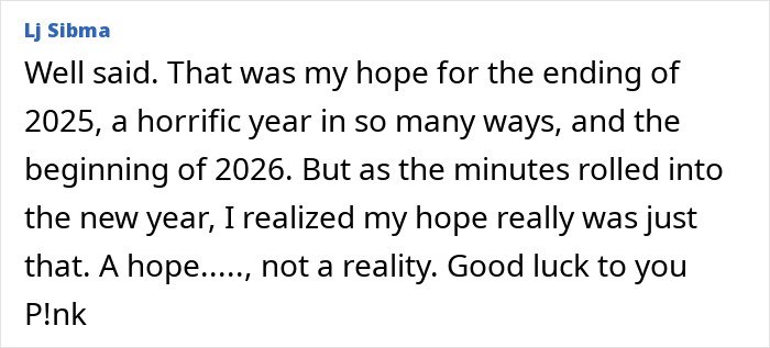 Screenshot of a supportive comment responding to Pink breaking silence after spending New Year’s Eve alone in hospital.