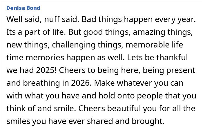 Text message from Denisa Bond reflecting on life’s challenges and gratitude as the new year 2026 begins.