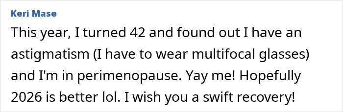 Text post by Keri Mase sharing health updates and wishing for a swift recovery in 2026 after hospital time alone