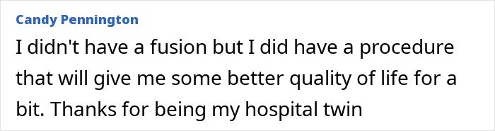 Text excerpt from Candy Pennington about a procedure improving quality of life after spending New Year’s Eve alone in hospital.