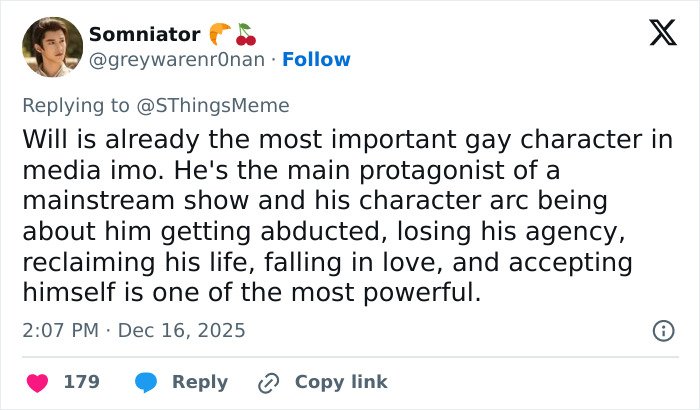 Screenshot of a Twitter reply discussing Will Byers as a key LGBTQ character in Stranger Things media.