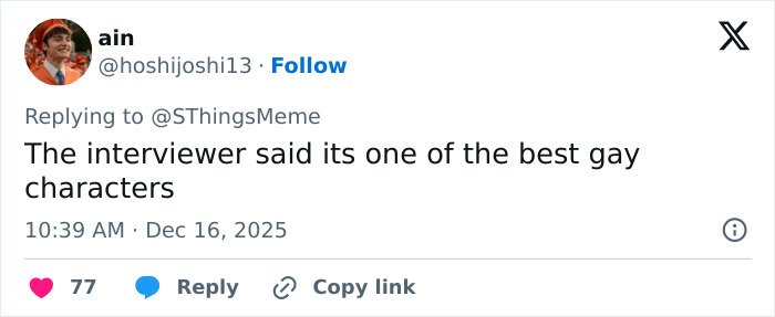 Tweet reply about Stranger Things star Noah Schnapp’s woke comment on Will Byers, mentioning best gay characters.