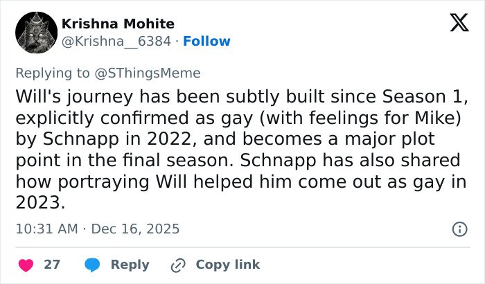 Tweet discussing Stranger Things star Noah Schnapp’s comments on Will Byers and the character’s LGBTQ representation.
