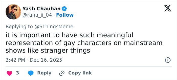 Tweet by Yash Chauhan highlighting the importance of gay character representation in Stranger Things TV show.