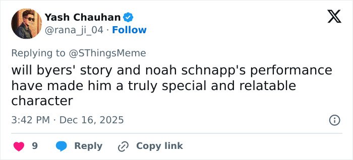 Screenshot of a tweet praising Noah Schnapp’s performance as Will Byers in Stranger Things.