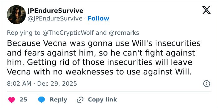 Tweet discussing Will Byers' insecurities and fears related to Stranger Things and Noah Schnapp's character analysis.