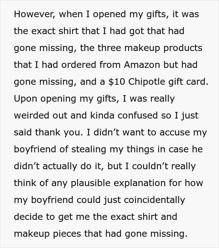 Woman confused about Christmas gifts from boyfriend as they match the exact missing items including shirt and makeup products.