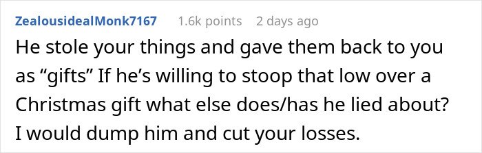 Comment discussing a woman confused about Christmas gifts from her boyfriend being the exact items that went missing earlier.