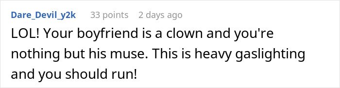 Screenshot of an online comment warning a woman about gaslighting involving Christmas gifts matching missing items from her boyfriend.