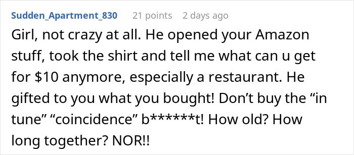 Comment about woman confused about Christmas gifts from boyfriend matching items that went missing earlier in conversation.