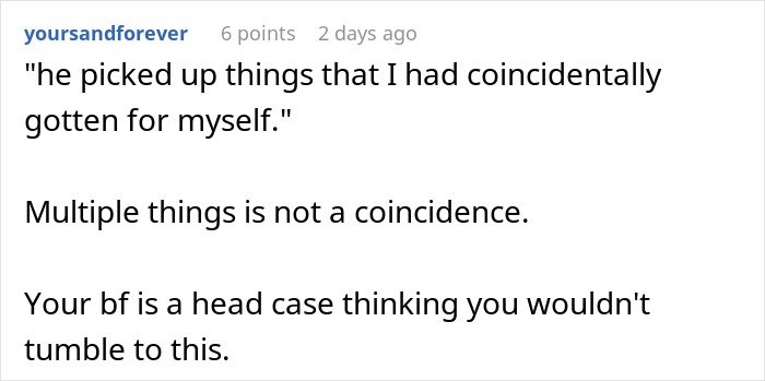 Text comment about woman confused about Christmas gifts from boyfriend matching items that went missing earlier, hinting at suspicion.