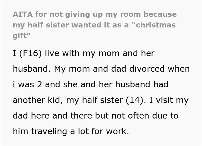 Text post about a teen accused of crushing half-sister’s dreams by refusing her Christmas gift request.