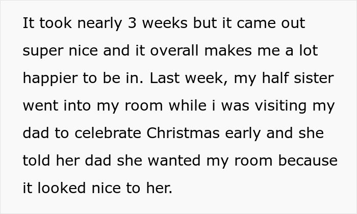 Text excerpt about a teen’s half-sister wanting her room for Christmas, highlighting family conflict and holiday disappointment.