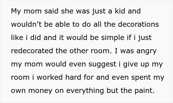 Text excerpt about teen accused of crushing half-sister’s dreams by refusing Christmas gift, expressing anger over room decoration conflict.