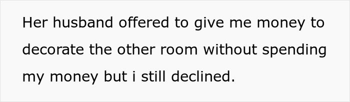 Text image showing a statement about declining money offered to decorate a room, related to a teen accused of crushing half-sister’s Christmas dreams.