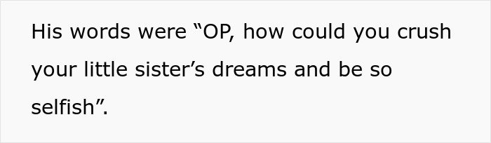 Text on a plain white background about a teen accused of crushing half-sister’s dreams by refusing her Christmas wish.