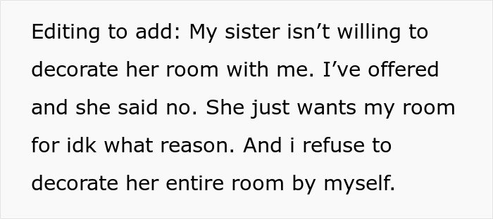 Text excerpt about a teen refusing to help decorate her sister’s room, affecting sibling dreams.
