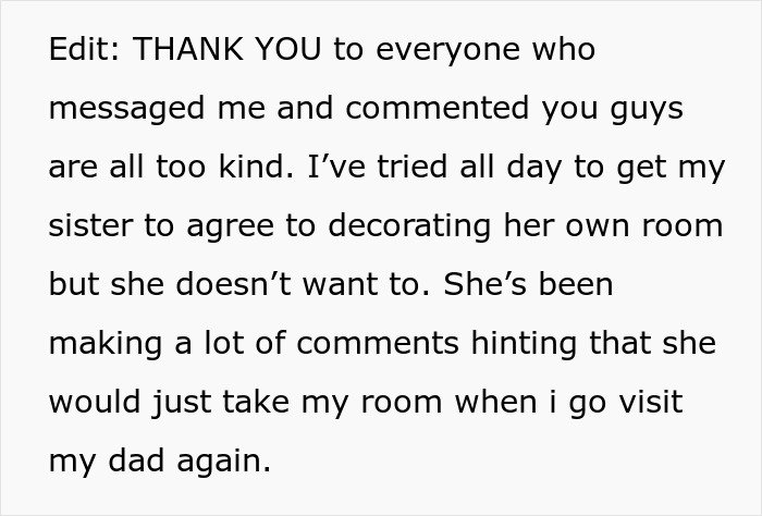 Text post sharing a teen accused of crushing half-sister’s Christmas dreams by refusing her decorating request.