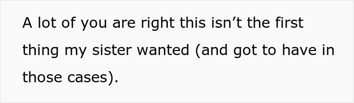 Text on a plain background stating a response about a sister’s past Christmas wishes and desires.