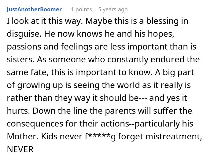 Comment from JustAnotherBoomer on sibling conflicts and lasting impact of refusing Christmas wishes after teen crushes half-sister’s dreams.
