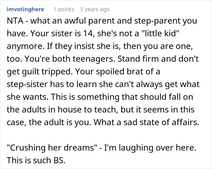 Reddit comment discussing a teen accused of crushing half-sister’s dreams by refusing her Christmas wish.