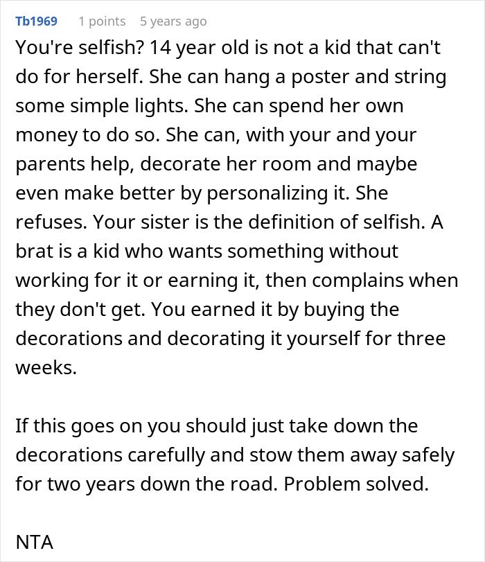 Comment discussing a teen accused of crushing her half-sister's dreams by refusing the Christmas wish.
