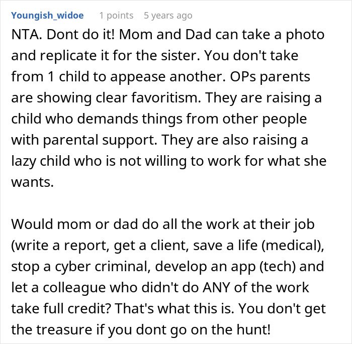 Comment criticizing parents' favoritism and a teen refusing to fulfill half-sister’s Christmas wishes.