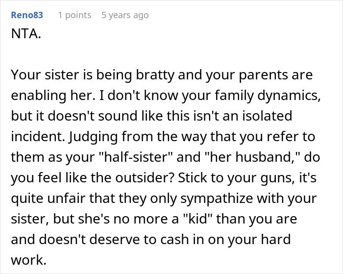Screenshot of an online comment discussing family dynamics and a half-sister refusing a Christmas wish.
