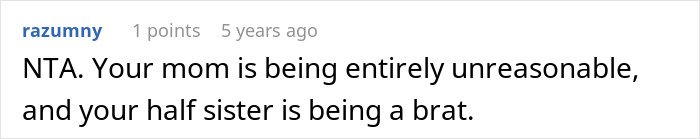 Screenshot of a Reddit comment discussing a teen accused of crushing half-sister’s dreams by refusing a Christmas gift request.